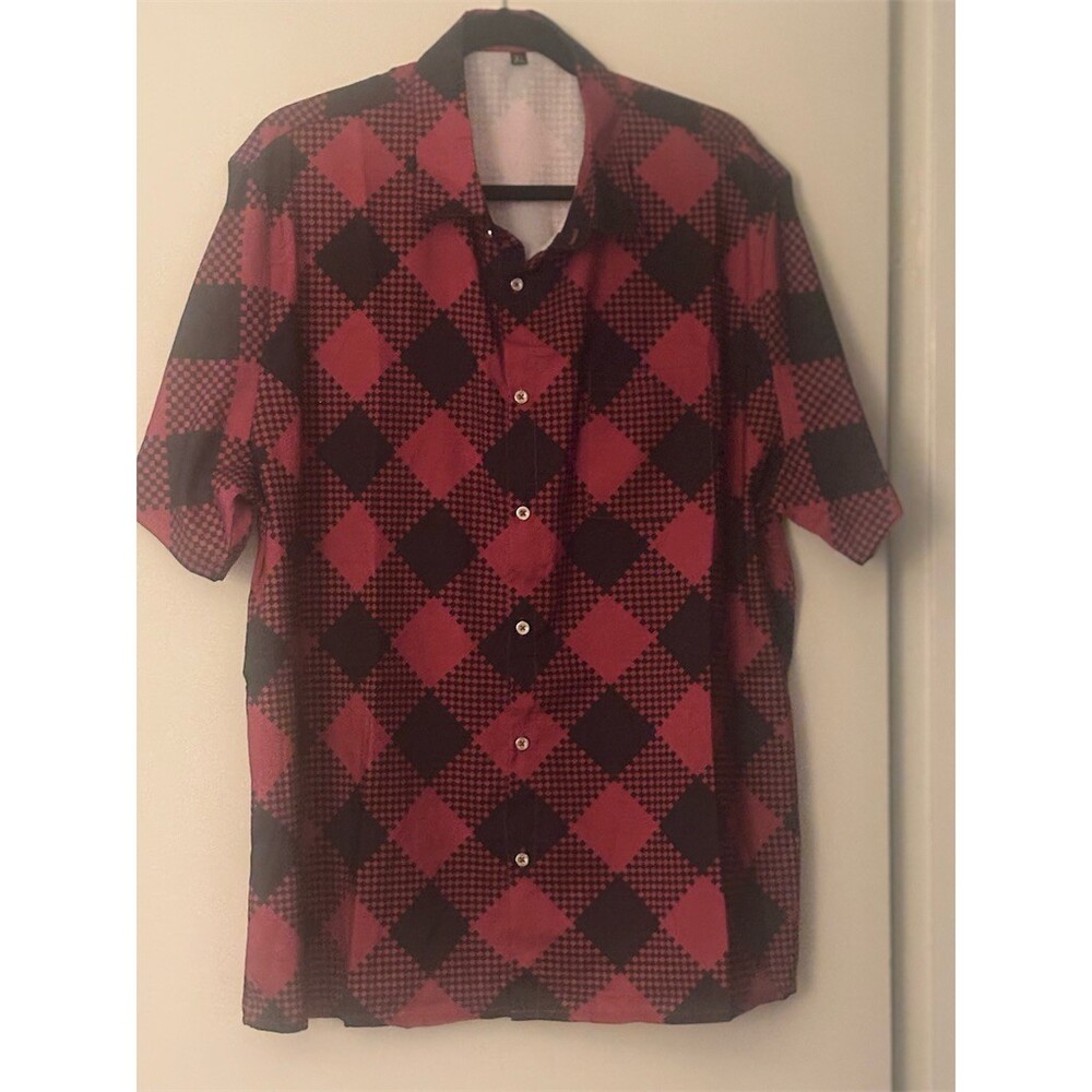 Men's Button-Up Shirt XL Red & Black Argyle Short Sleeve Collared